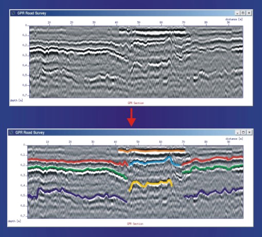 tszerkezet radarszelvnyben, lent: rtelmezett szelvny